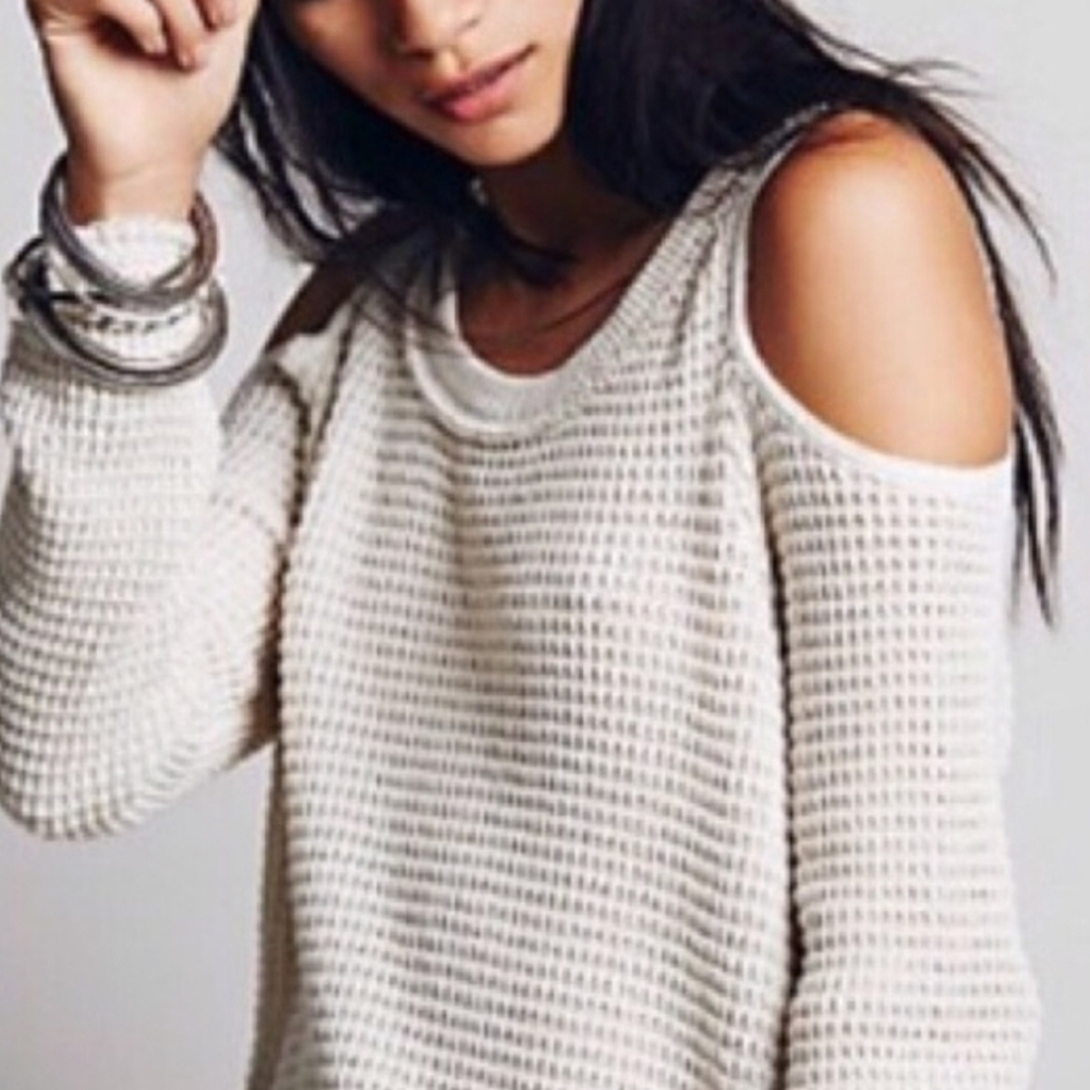 Free People Open Shoulder Waffle Knit Cream Sweater Size Large - Picture 2 of 13